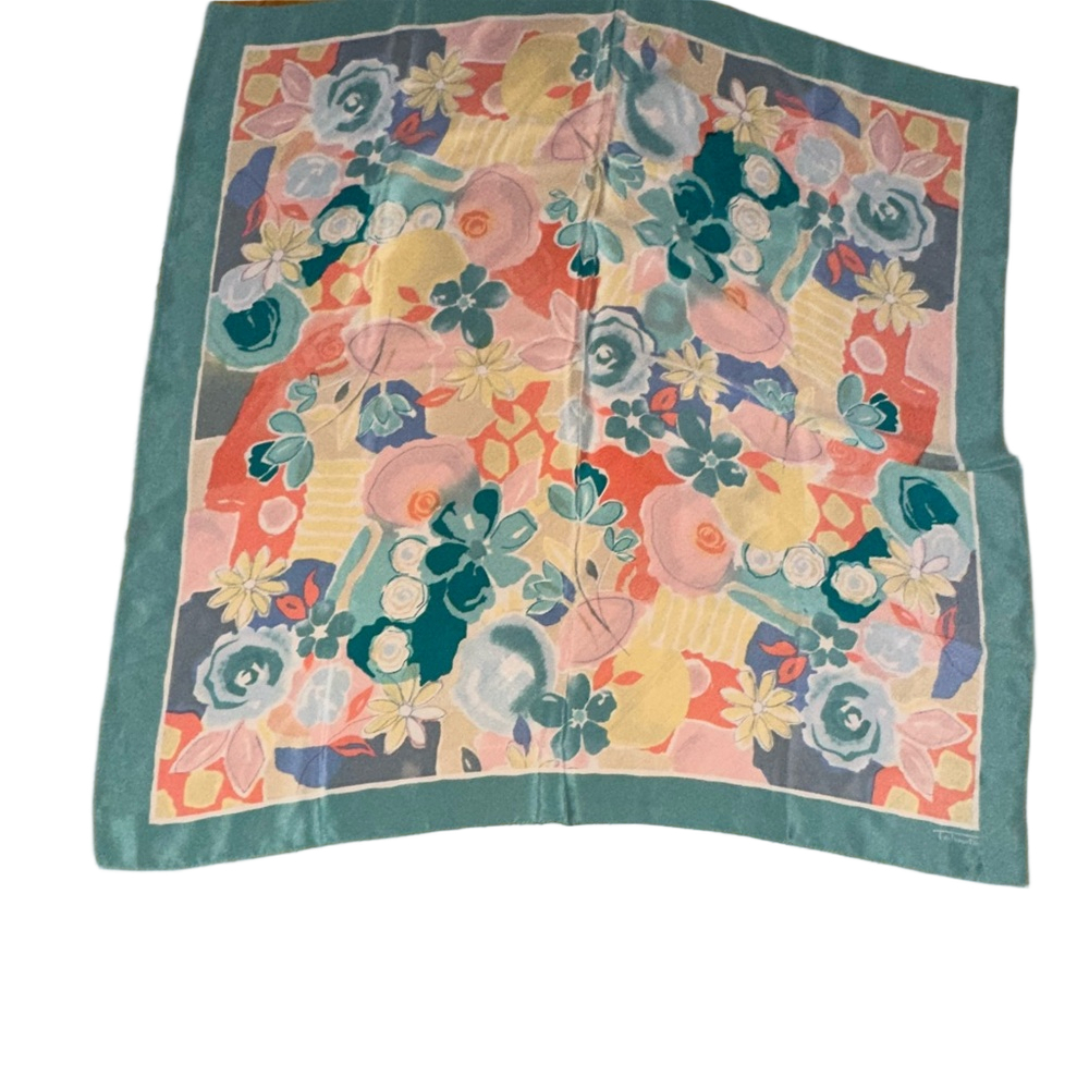 Talbots Multicolor Floral Scarf with Teal Edge